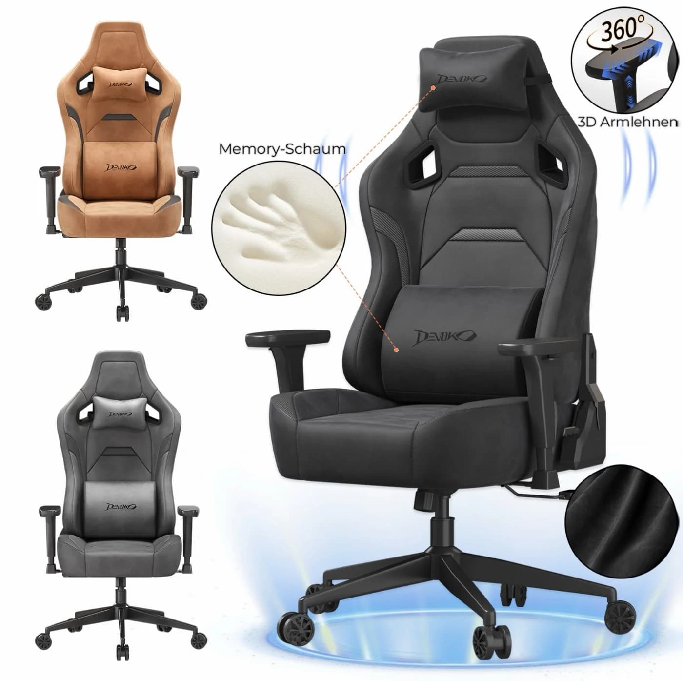 Devoko Gaming-Stuhl Luxuriöser Wildlederimitat Ergonomisch & Großzügigem Sitz - Bild 2