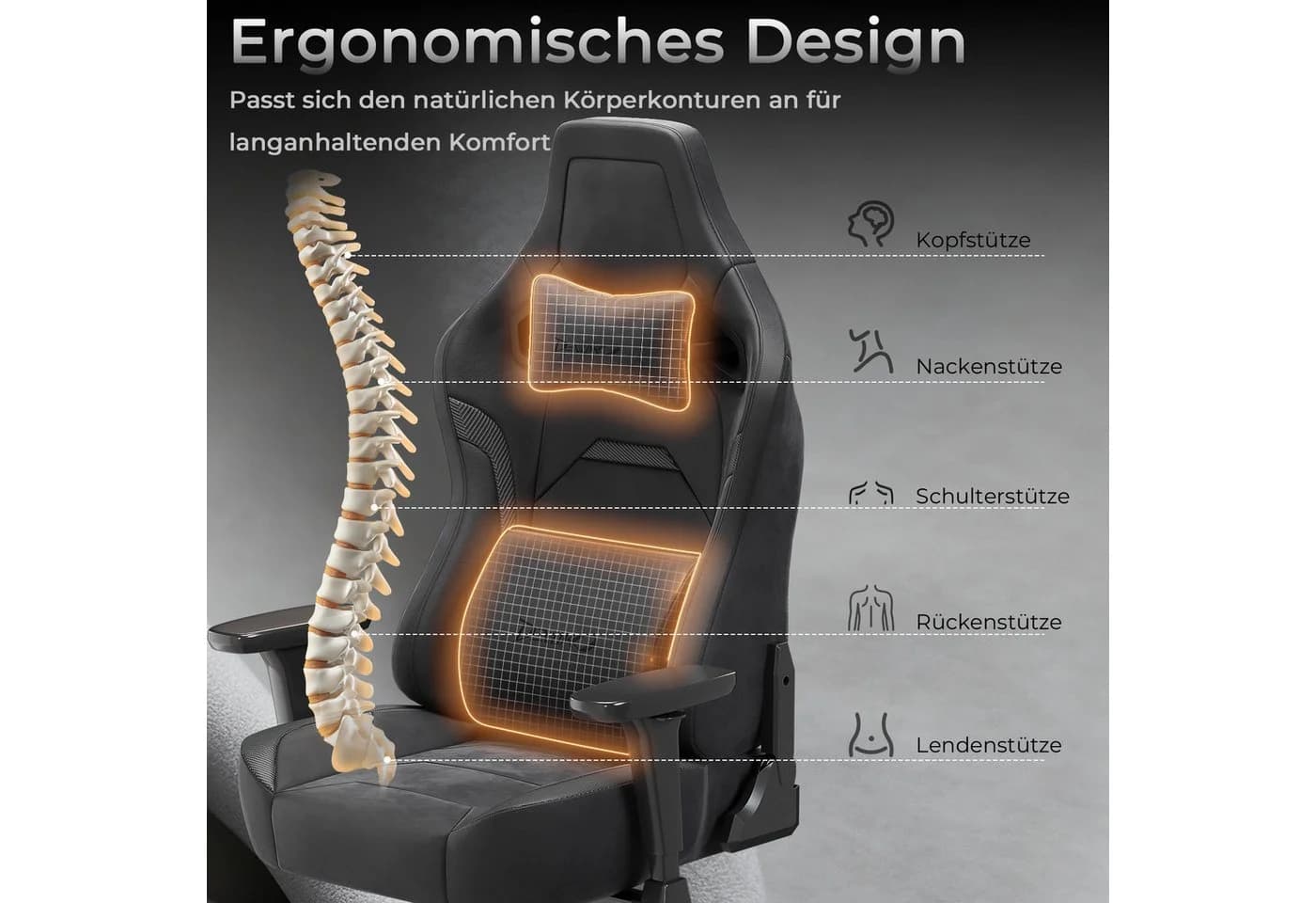 Devoko Gaming-Stuhl Luxuriöser Wildlederimitat Ergonomisch & Großzügigem Sitz - Bild 5