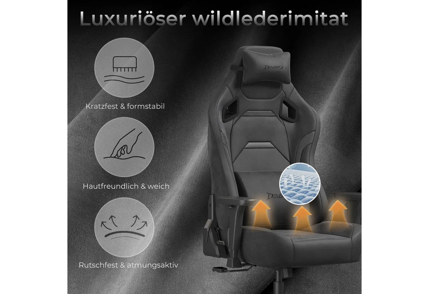 Devoko Gaming-Stuhl Luxuriöser Wildlederimitat Ergonomisch & Großzügigem Sitz - Bild 3