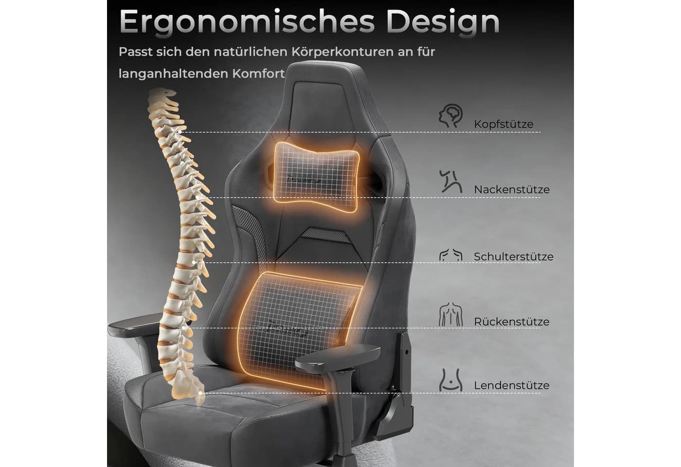 Devoko Gaming-Stuhl Luxuriöser Wildlederimitat Ergonomisch & Großzügigem Sitz - Bild 5