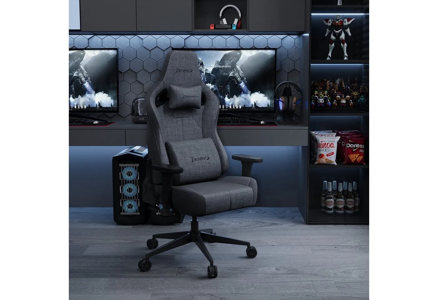 Devoko Gaming-Stuhl Luxuriöser Wildlederimitat Ergonomisch & Großzügigem Sitz Bürostuhl Atmungsaktiver Stoff Memory-Schaum Leiseroller Gaslift Stufe 4