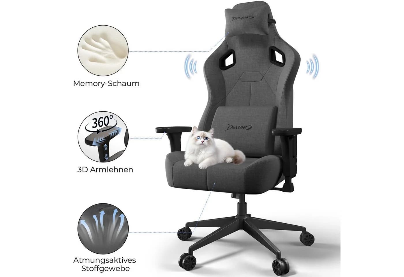 Devoko Gaming-Stuhl Luxuriöser Wildlederimitat Ergonomisch & Großzügigem Sitz Bürostuhl Atmungsaktiver Stoff Memory-Schaum Leiseroller Gaslift Stufe 4 - Bild 2