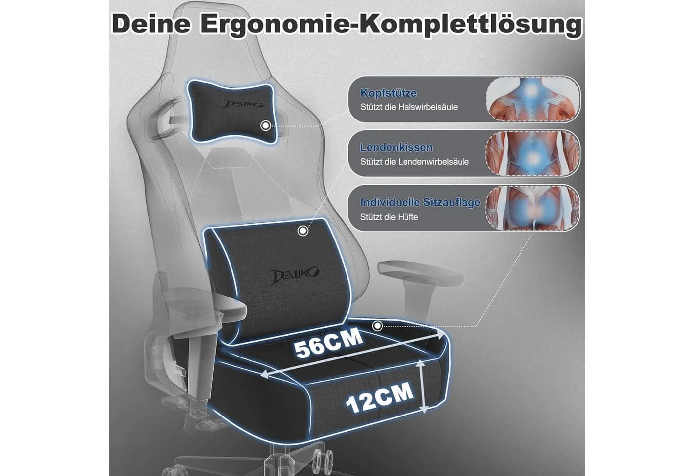 Devoko Gaming-Stuhl Luxuriöser Wildlederimitat Ergonomisch & Großzügigem Sitz Bürostuhl Atmungsaktiver Stoff Memory-Schaum Leiseroller Gaslift Stufe 4 - Bild 3