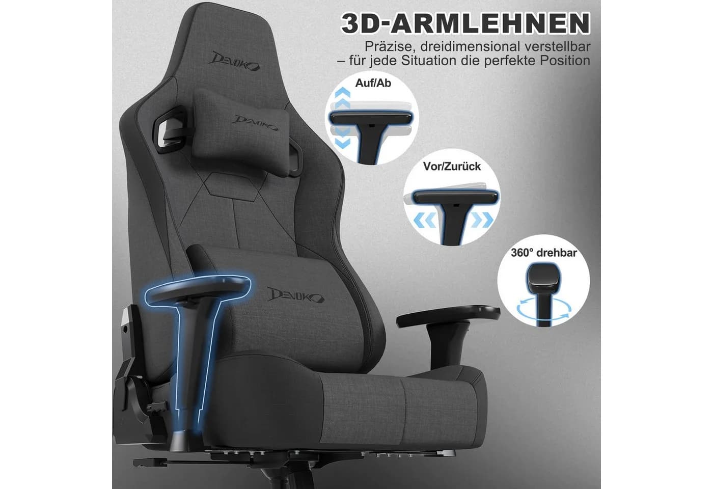 Devoko Gaming-Stuhl Luxuriöser Wildlederimitat Ergonomisch & Großzügigem Sitz Bürostuhl Atmungsaktiver Stoff Memory-Schaum Leiseroller Gaslift Stufe 4 - Bild 4