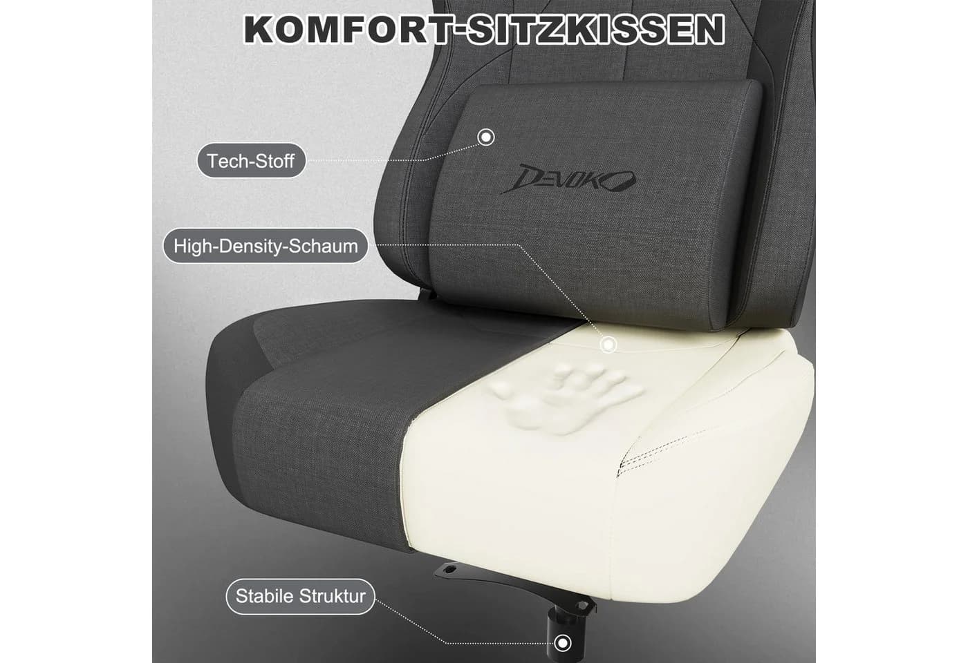 Devoko Gaming-Stuhl Luxuriöser Wildlederimitat Ergonomisch & Großzügigem Sitz Bürostuhl Atmungsaktiver Stoff Memory-Schaum Leiseroller Gaslift Stufe 4 - Bild 5