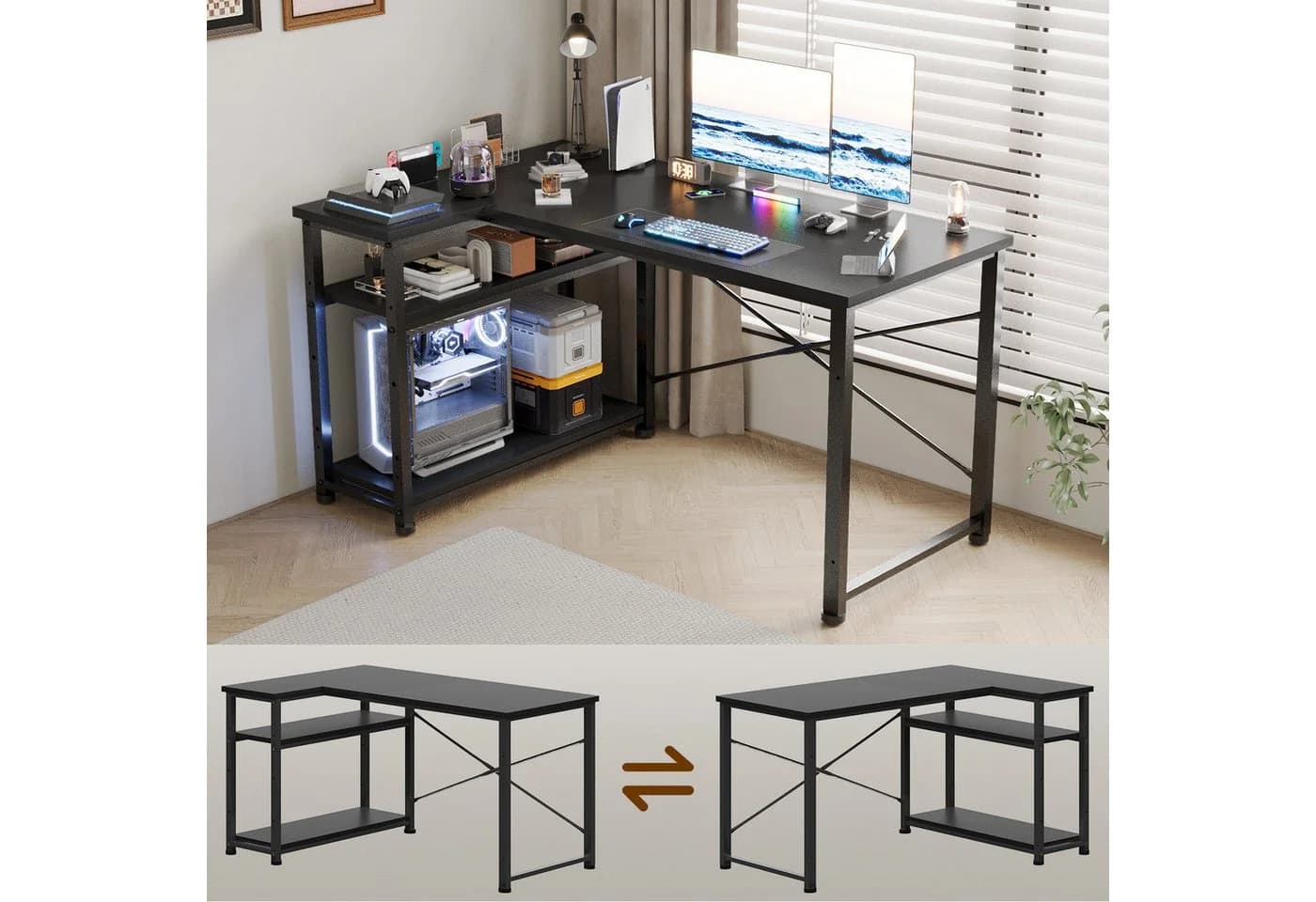 HOMALL Eckschreibtisch 100/120L Form mit Ablagefächern, 2 Tier DIY Lagerregalen Computertisch - Bild 4