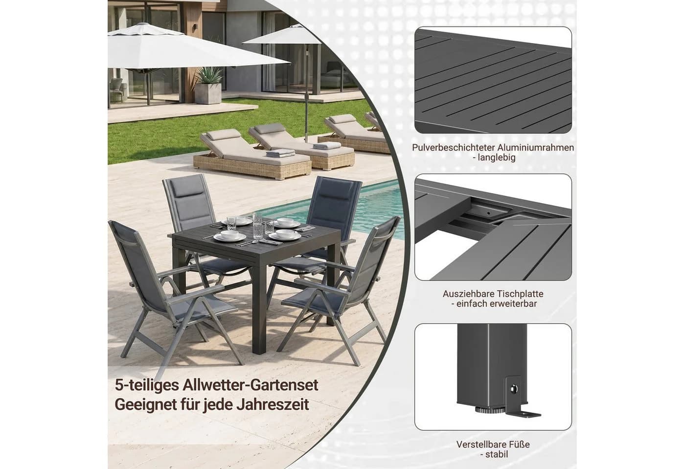 HOMALL Garten-Essgruppe Aluminium Ausziehbarer Esstisch und Klappstuhl - Bild 4