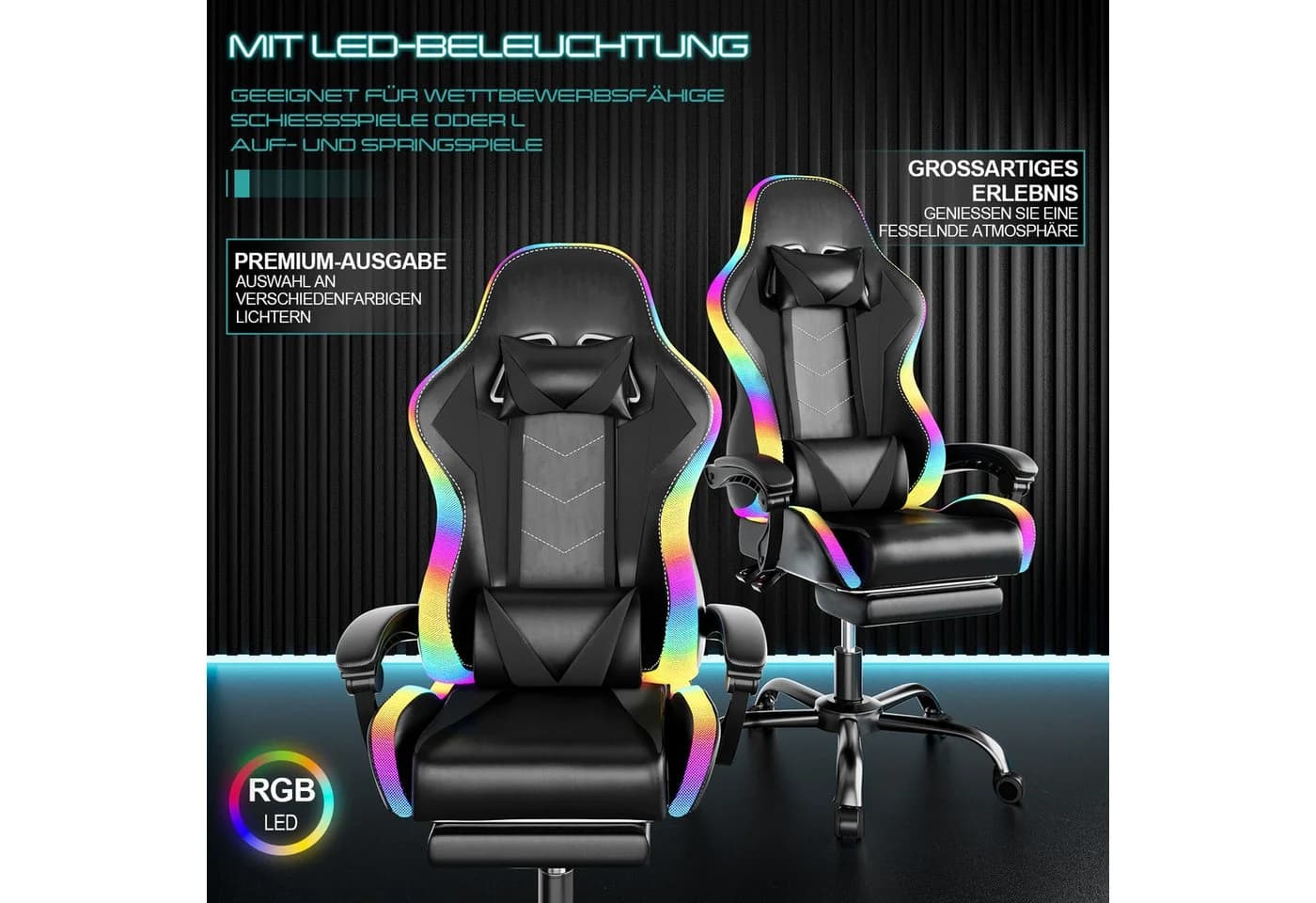 HOMALL Gaming-Stuhl mit LED, Massage & Fußstütze - Schwarz - Bild 3