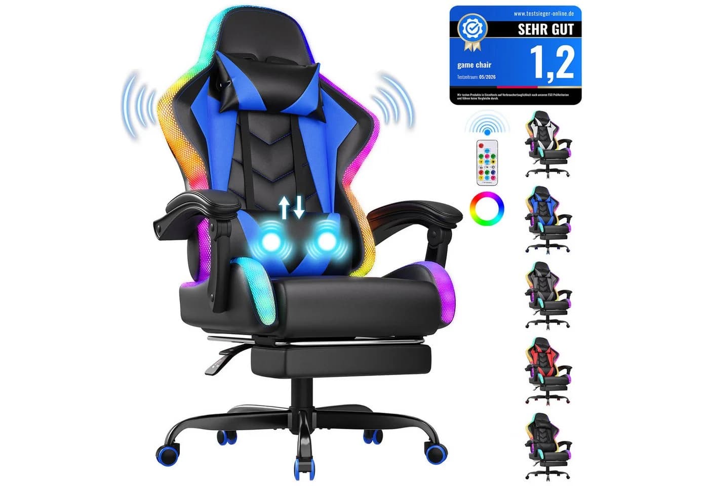 HOMALL Gaming-Stuhl mit LED & Massage, Ergonomisch, Kunstleder, Blau - Bild 2