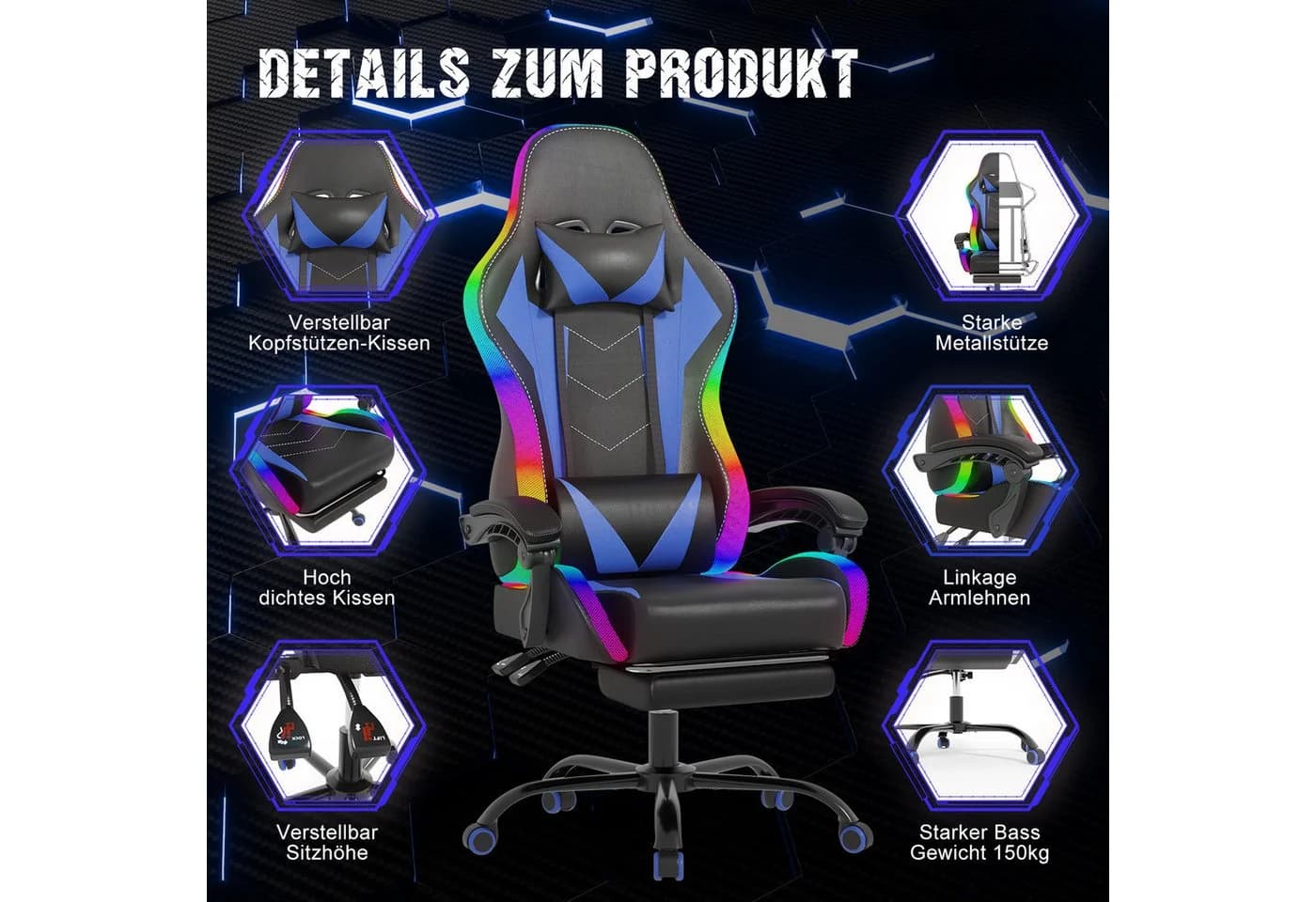 HOMALL Gaming-Stuhl mit LED & Massage, Ergonomisch, Kunstleder, Blau - Bild 3