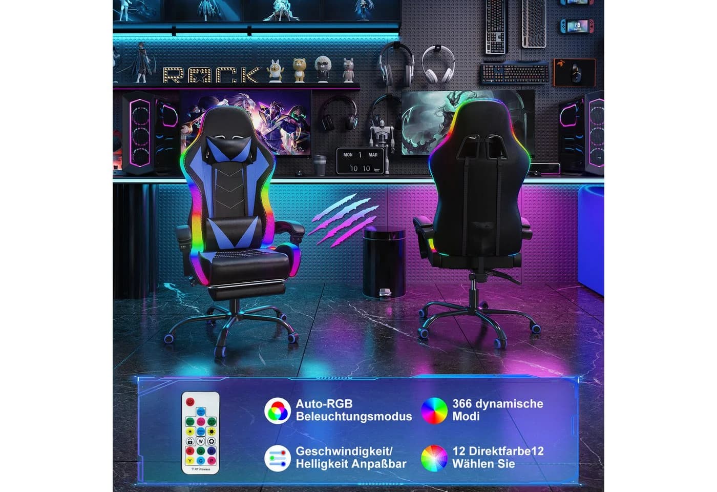 HOMALL Gaming-Stuhl mit LED & Massage, Ergonomisch, Kunstleder, Blau - Bild 4
