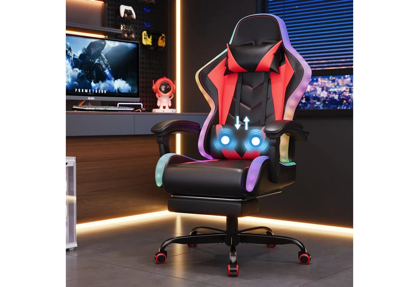HOMALL Gaming-Stuhl mit LED und Massagefunktion Rot