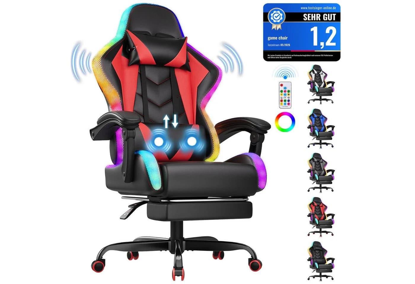 HOMALL Gaming-Stuhl mit LED und Massagefunktion Rot - Bild 2