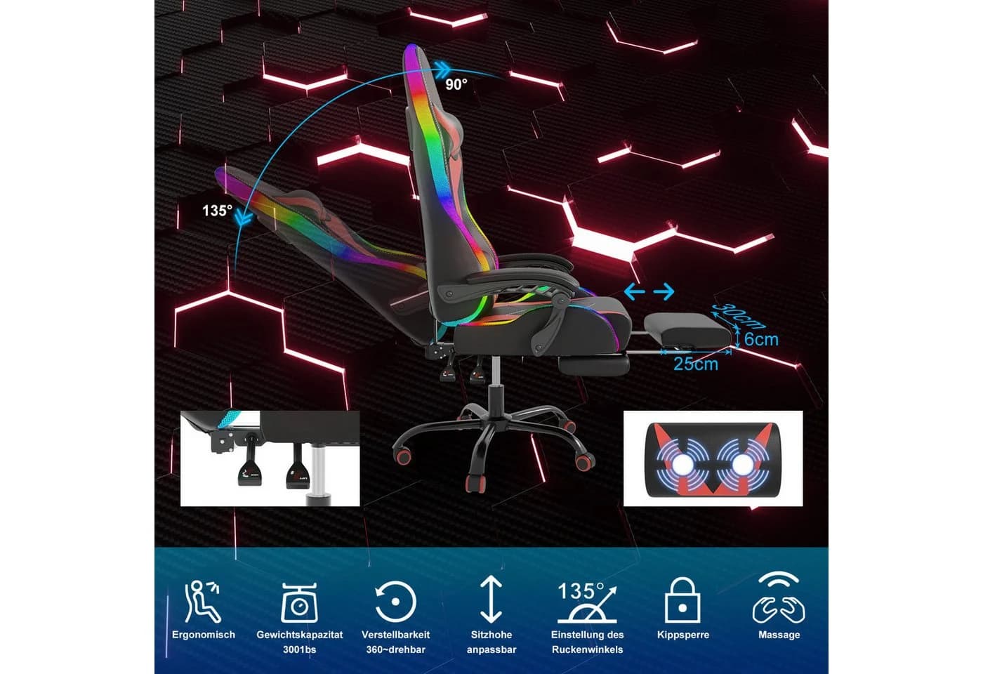 HOMALL Gaming-Stuhl mit LED und Massagefunktion Rot - Bild 3