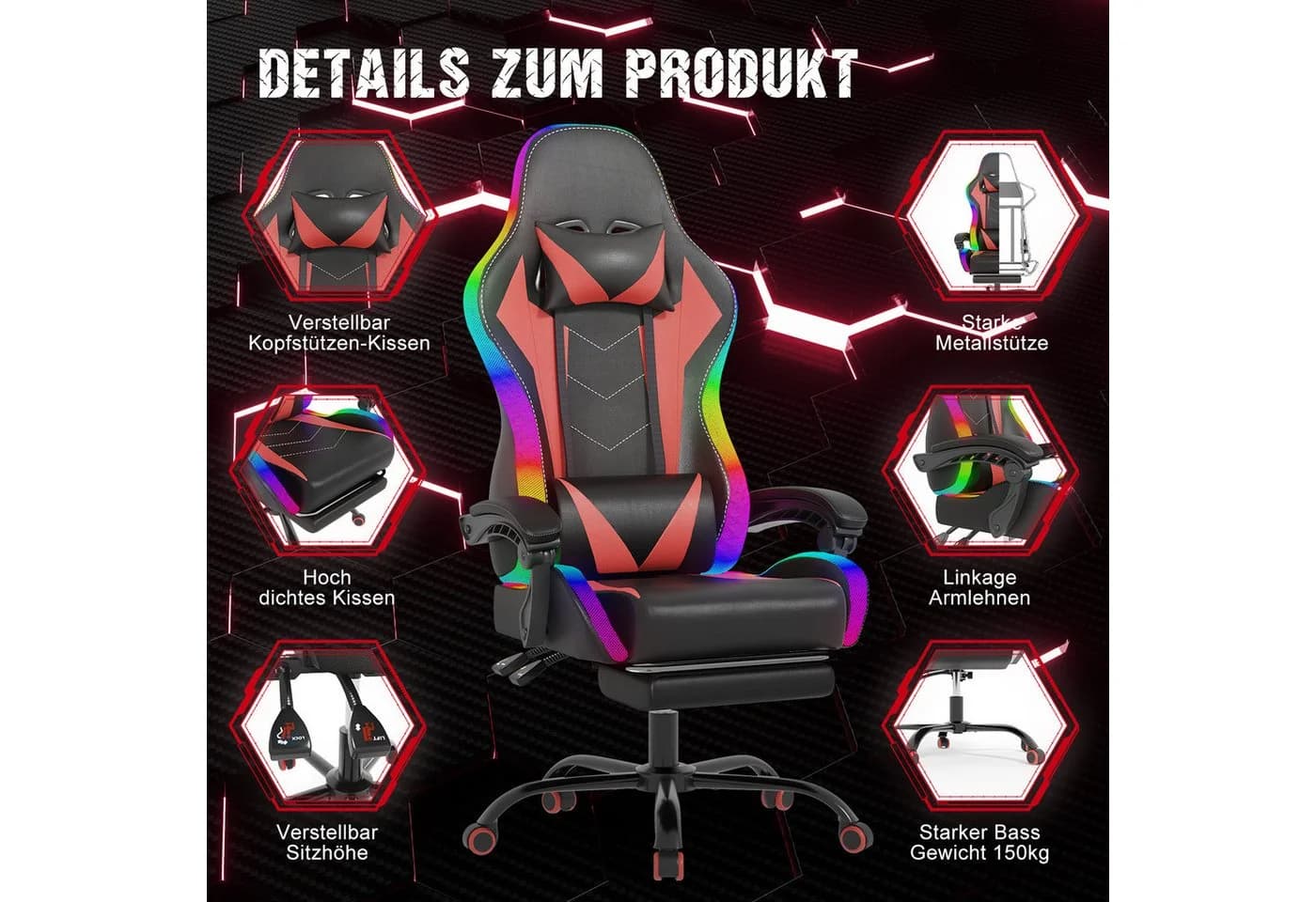HOMALL Gaming-Stuhl mit LED und Massagefunktion Rot - Bild 4