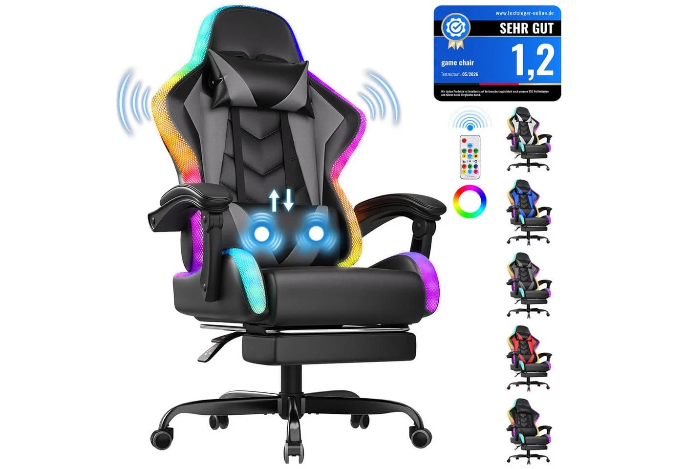 HOMALL Gaming-Stuhl mit LED, Ergonomisch, Fußstütze, Massage - Bild 2