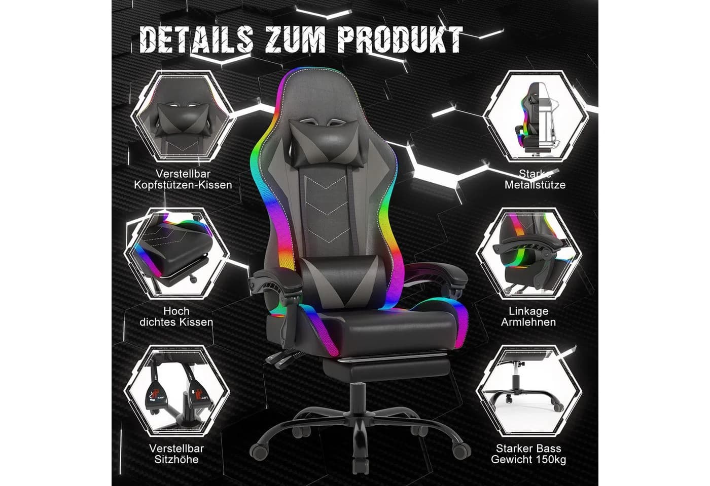 HOMALL Gaming-Stuhl mit LED, Ergonomisch, Fußstütze, Massage - Bild 3