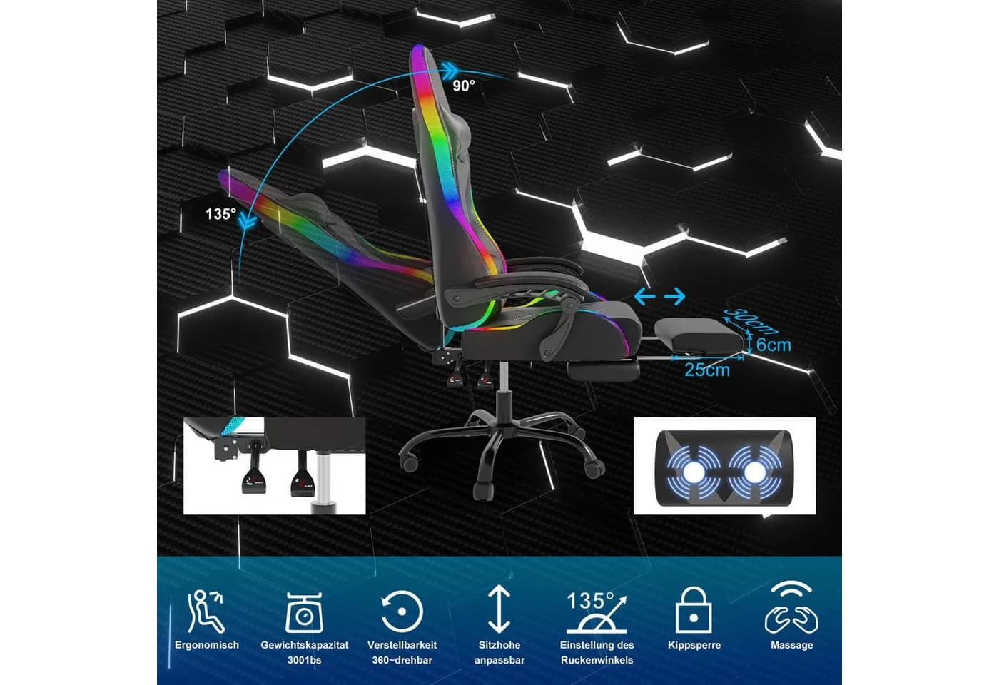 HOMALL Gaming-Stuhl mit LED, Ergonomisch, Fußstütze, Massage - Bild 4