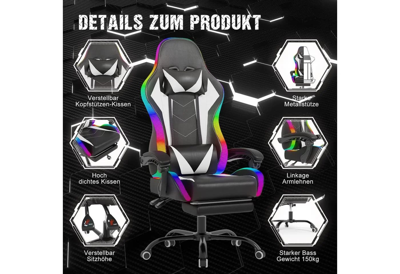 HOMALL Gaming-Stuhl mit LED & Massage Weiß Kunstleder Ergonomisch - Bild 3