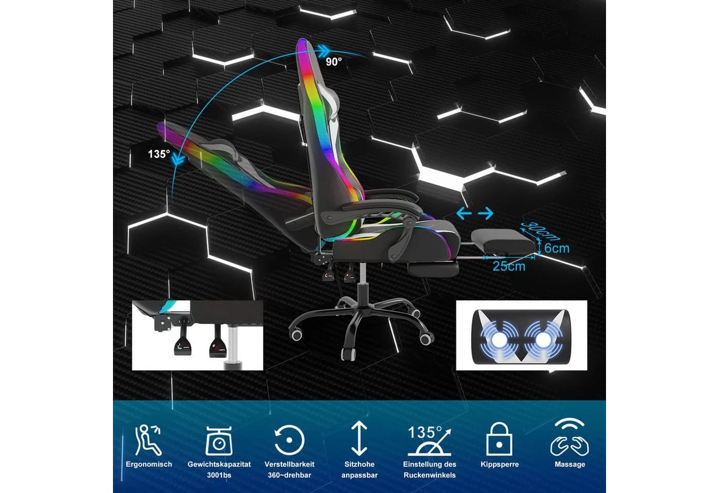 HOMALL Gaming-Stuhl mit LED & Massage Weiß Kunstleder Ergonomisch - Bild 5