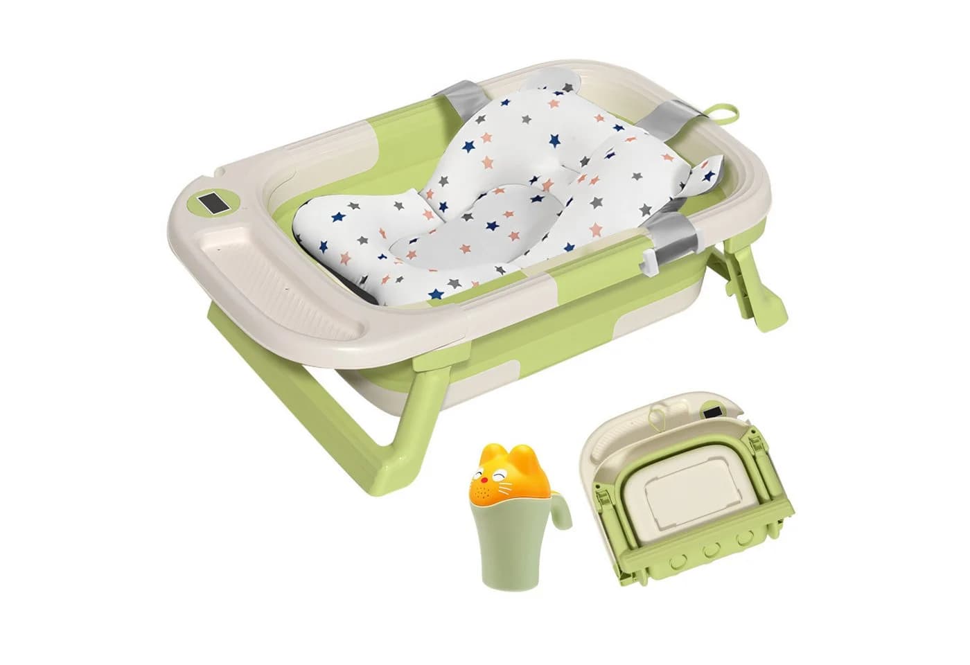 SEHAUSEU Faltbare Babybadewanne mit Thermometer und Haarwaschbecher Grün/Rosa - Bild 2