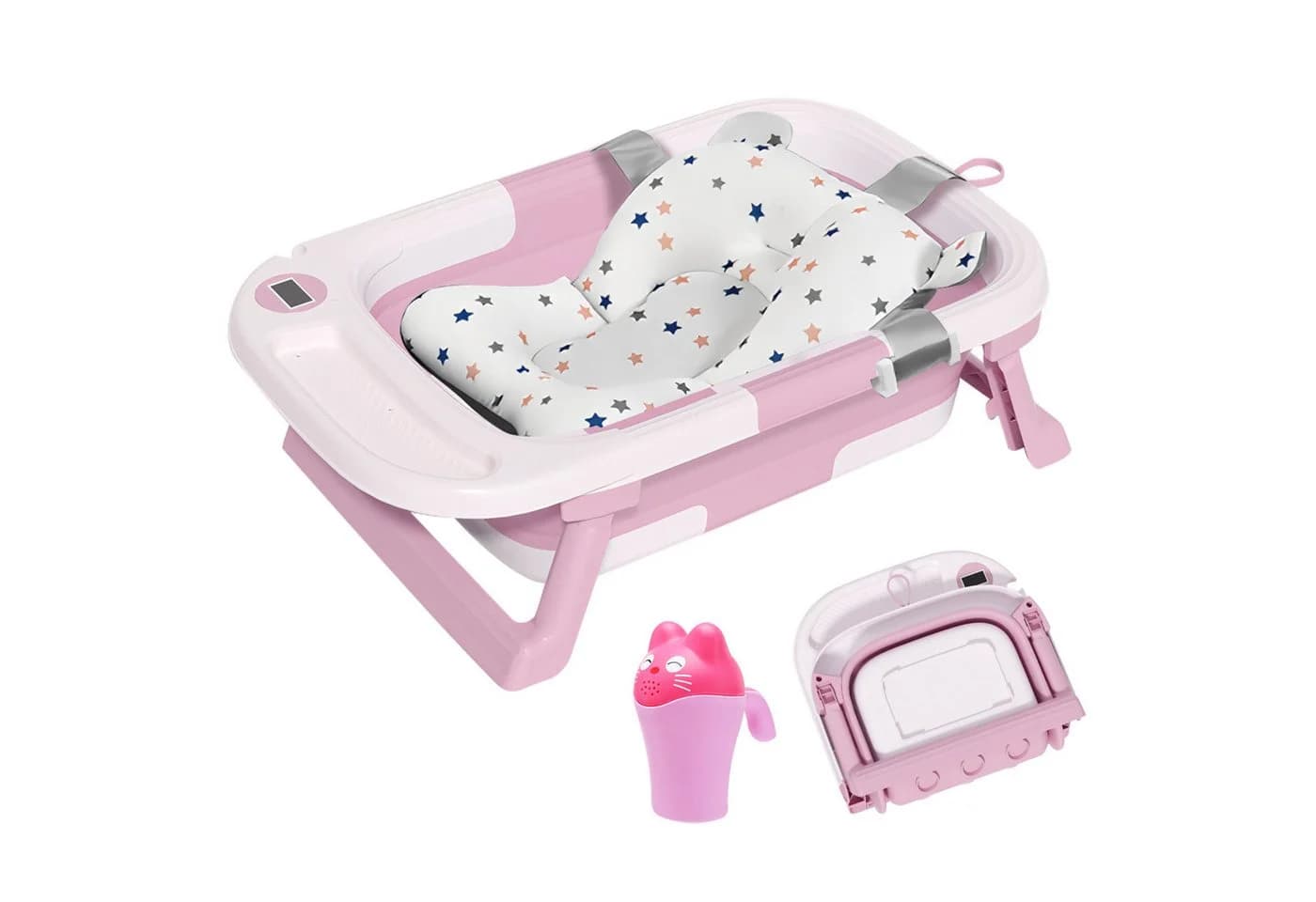 SEHAUSEU Faltbare Babybadewanne mit Thermometer und Haarwaschbecher Grün/Rosa - Bild 2
