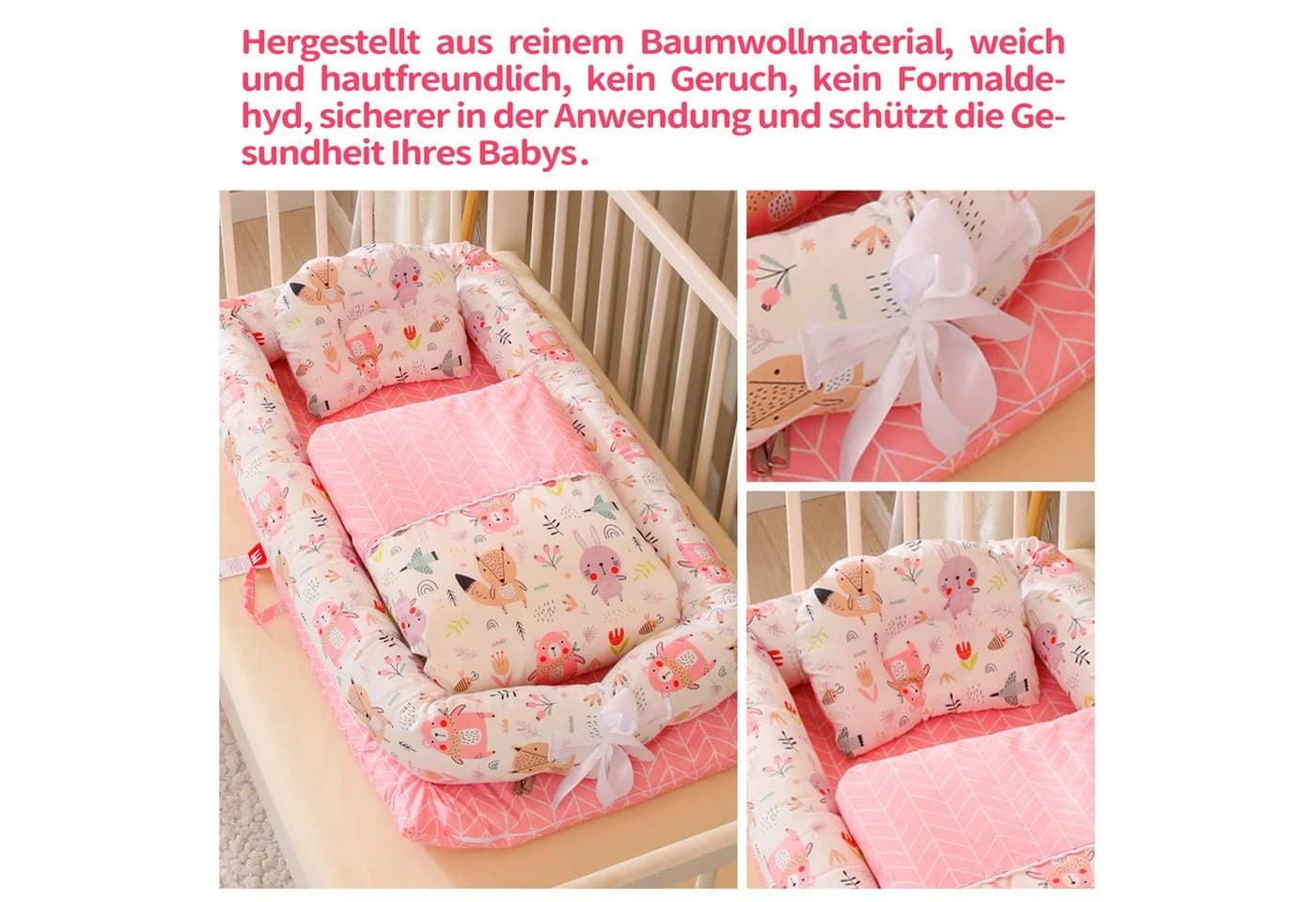 SEHAUSEU Kuschelnest Bettnestchen Babylounge Rosa mit Decke und Kissen - Bild 4