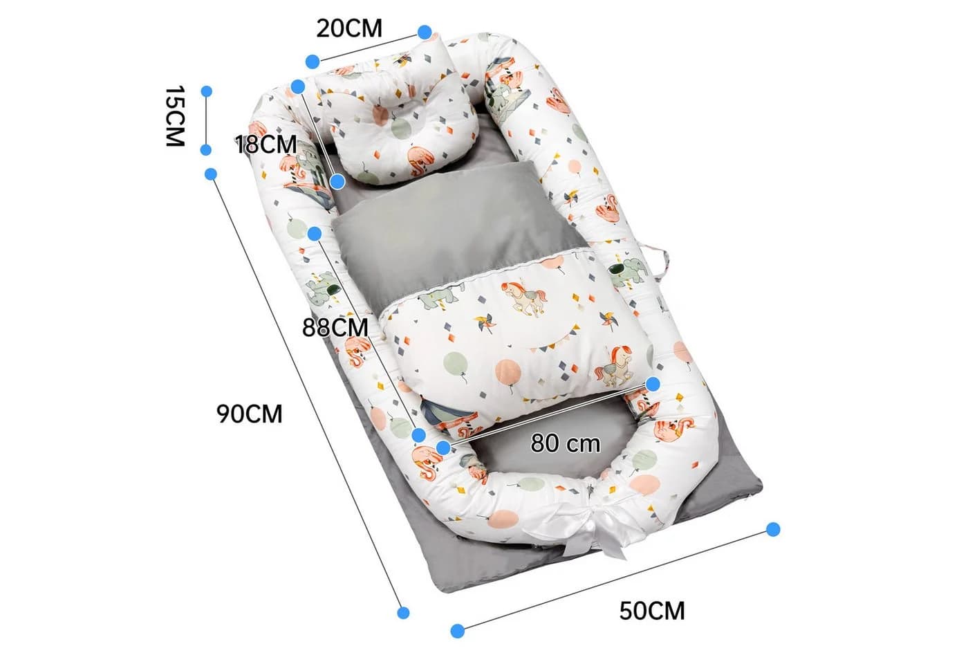 SEHAUSEU Kuschelnest Bettnestchen Babylounge Babykokon Grau mit Decke und Kissen
