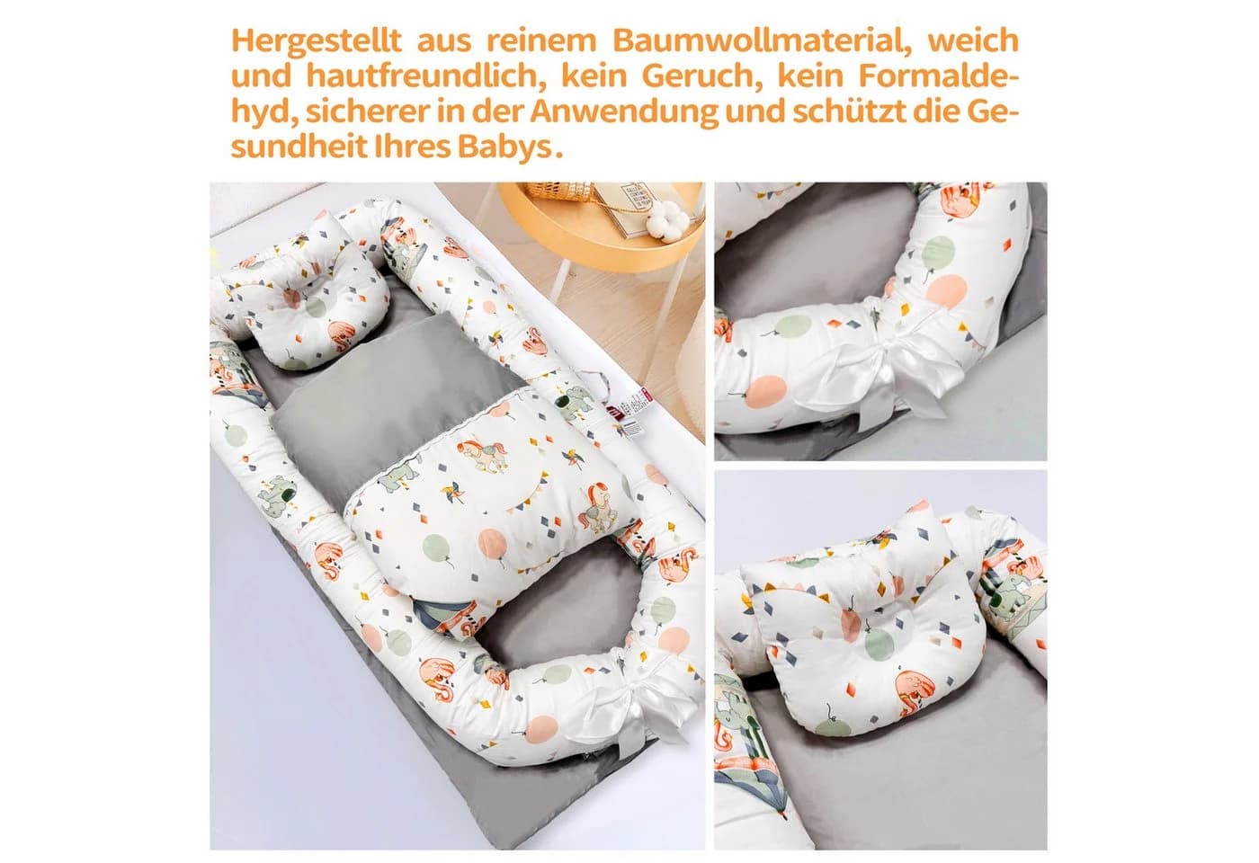 SEHAUSEU Kuschelnest Bettnestchen Babylounge Babykokon Grau mit Decke und Kissen - Bild 4