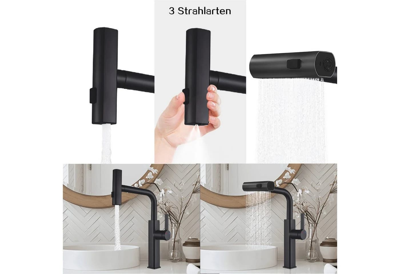 SEHAUSEU Ausziehbare Küchenarmatur Schwarz/Silber 3 Strahlarten Edelstahl - Bild 3