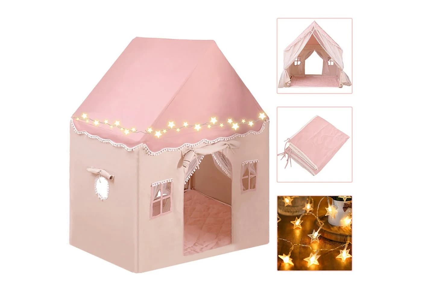 SEHAUSEU Spielzelt Kinderzelt mit Bodenmatte und Lichterkette Rosa/Grün - Bild 2
