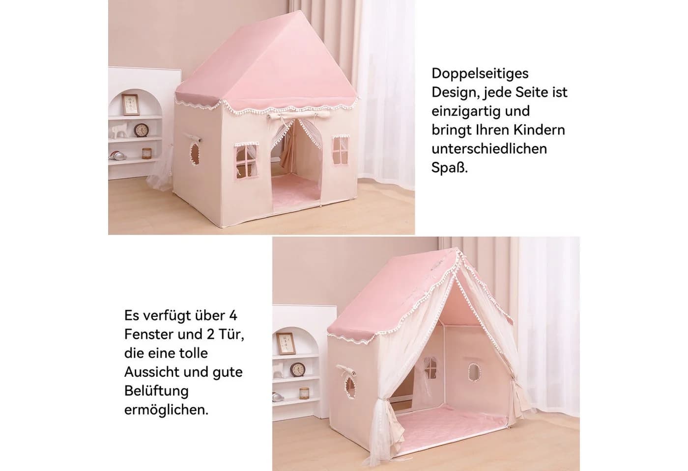 SEHAUSEU Spielzelt Kinderzelt mit Bodenmatte und Lichterkette Rosa/Grün - Bild 4