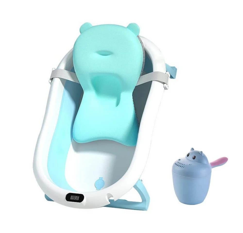 SEHAUSEU Babybadewanne faltbar mit Thermometer, Haarwaschbecher, verstellbarem Kissen-Matratze - Bild 2