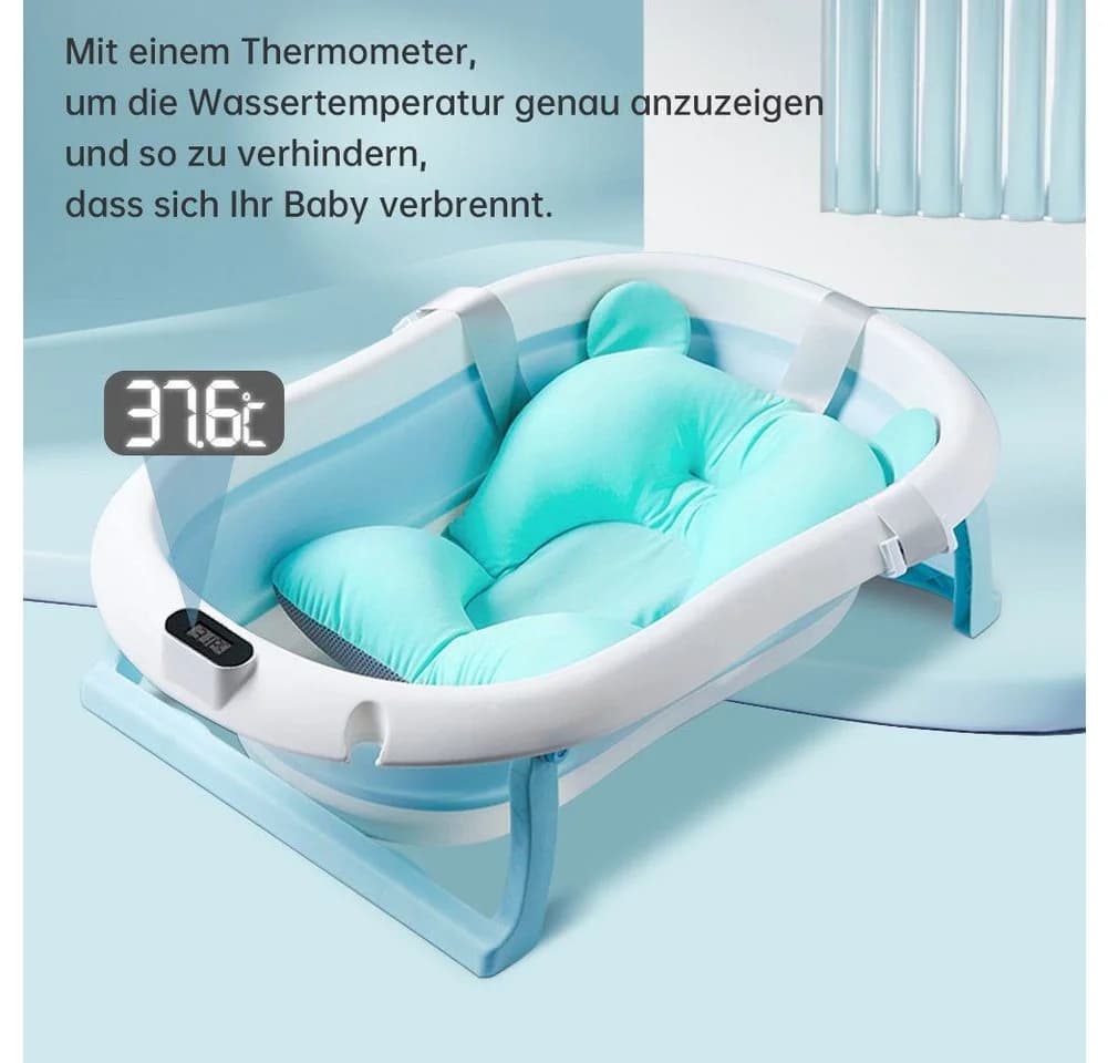 SEHAUSEU Babybadewanne faltbar mit Thermometer, Haarwaschbecher, verstellbarem Kissen-Matratze - Bild 4