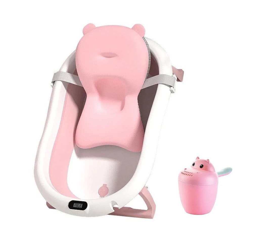 SEHAUSEU Babybadewanne faltbar mit Thermometer, Haarwaschbecher, verstellbarem Kissen - Bild 2