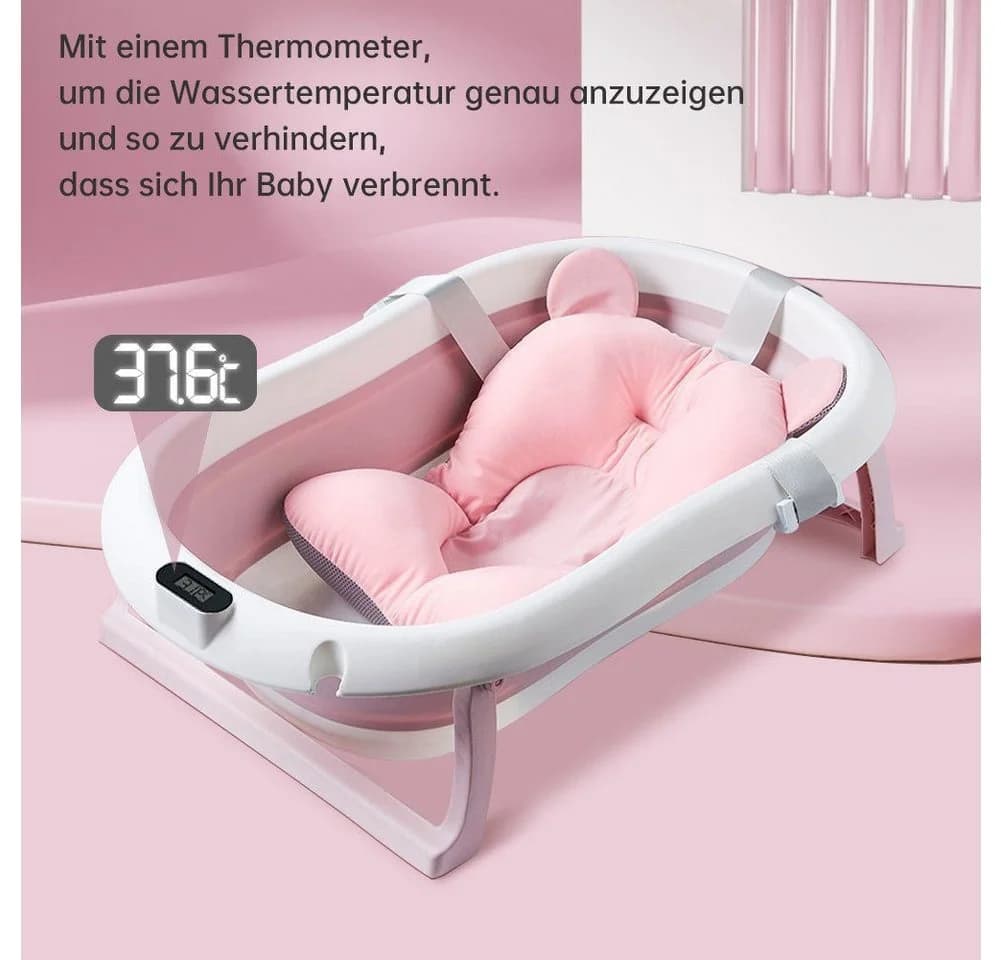 SEHAUSEU Babybadewanne faltbar mit Thermometer, Haarwaschbecher, verstellbarem Kissen - Bild 4