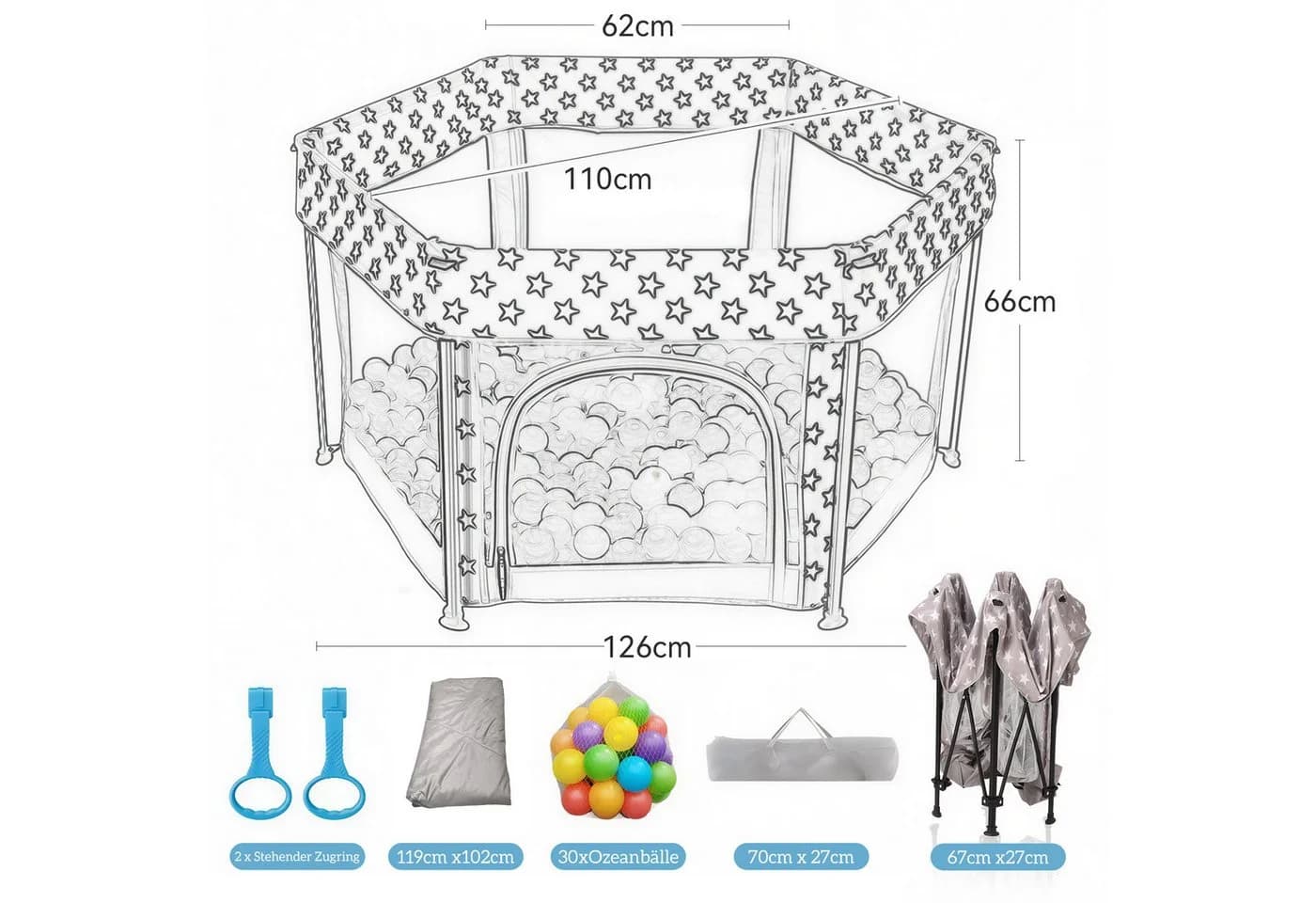 SEHAUSEU Laufstall Baby Zusammenfaltbar Krabbelgitter mit Spielmatte, Ozeanbällen, Tragetasche, Stehender Zugring