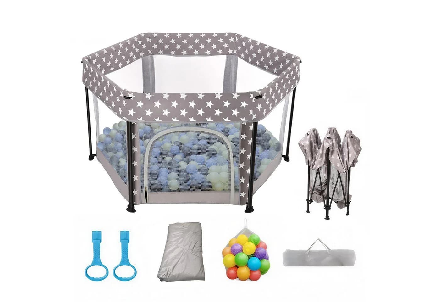 SEHAUSEU Laufstall Baby Zusammenfaltbar Krabbelgitter mit Spielmatte, Ozeanbällen, Tragetasche, Stehender Zugring - Bild 2