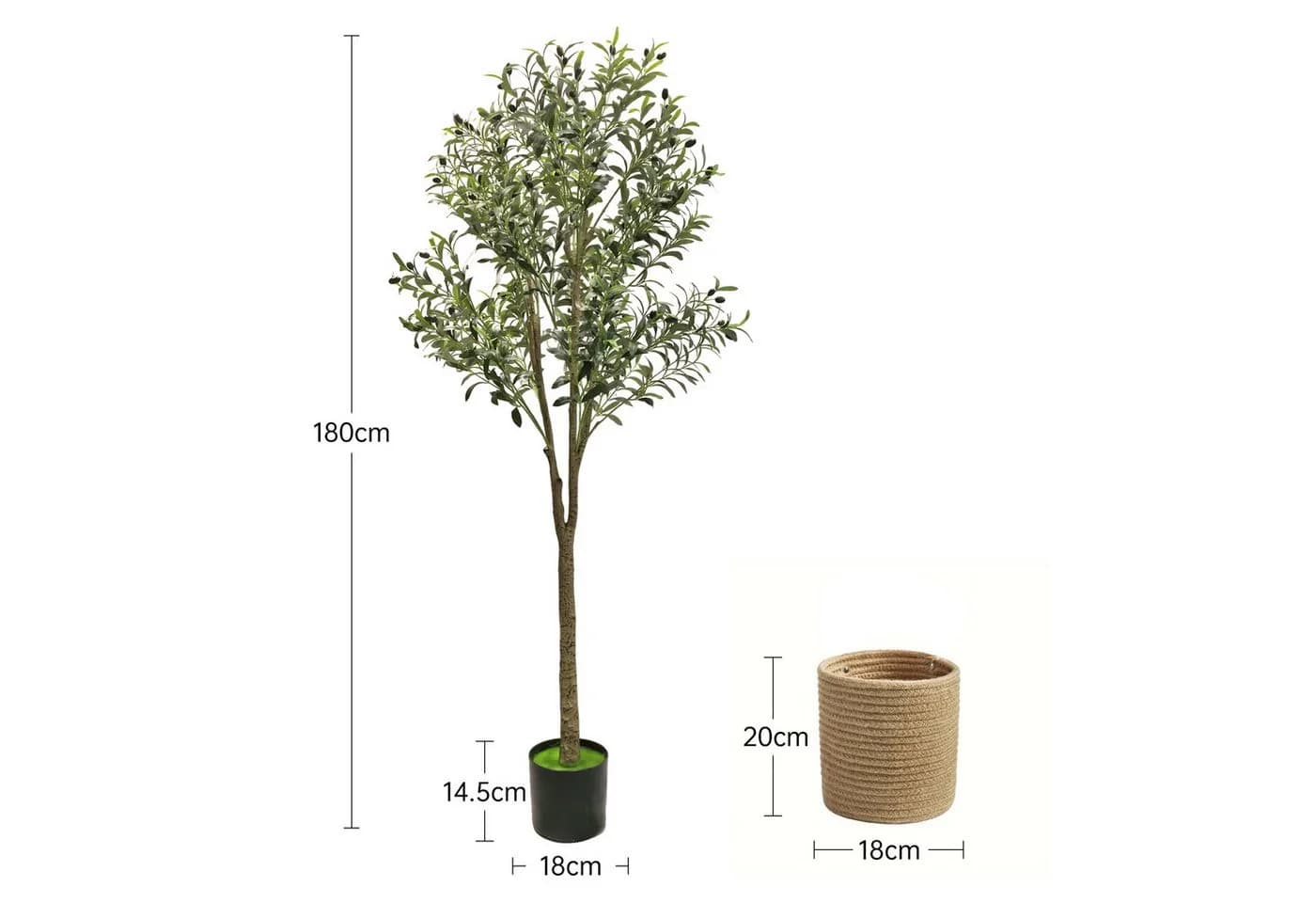 SEHAUSEU Künstlicher Olivenbaum Grün 180 cm mit Korb