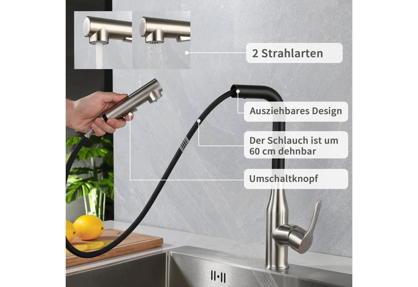 SEHAUSEU Küchenarmatur Ausziehbar Schwarz/Weiß Edelstahl - Bild 3