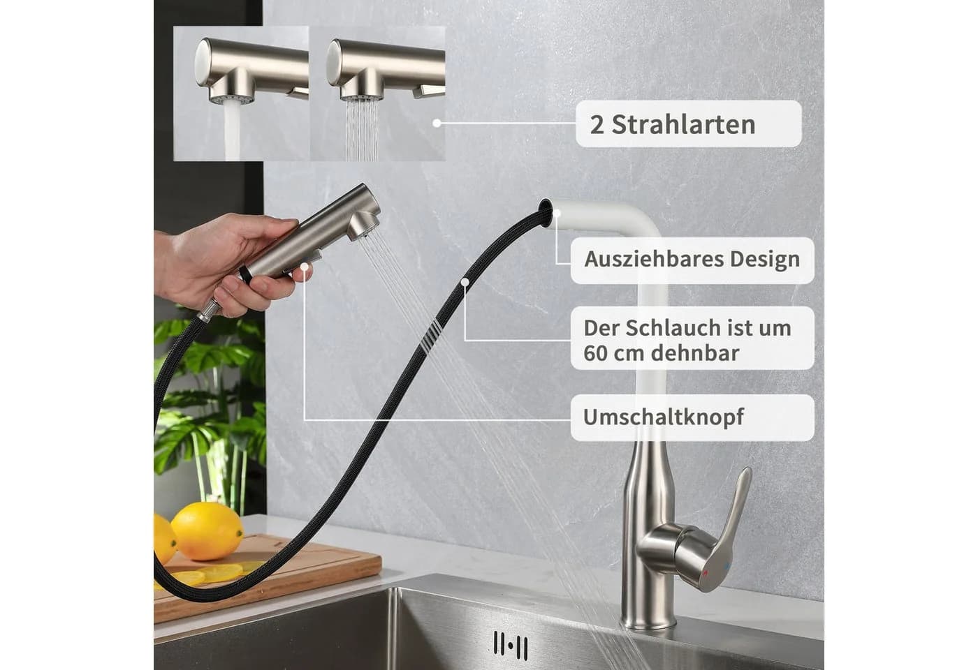 SEHAUSEU Küchenarmatur ausziehbar mit Brause Edelstahl Schwarz/Weiß - Bild 3