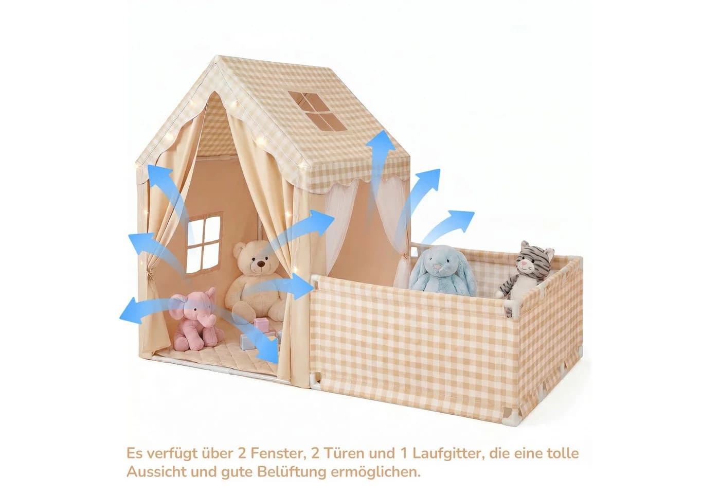 SEHAUSEU Spielzelt Kinderzelt mit Bodenmatte und Lichterkette Rosa/Braun - Bild 4