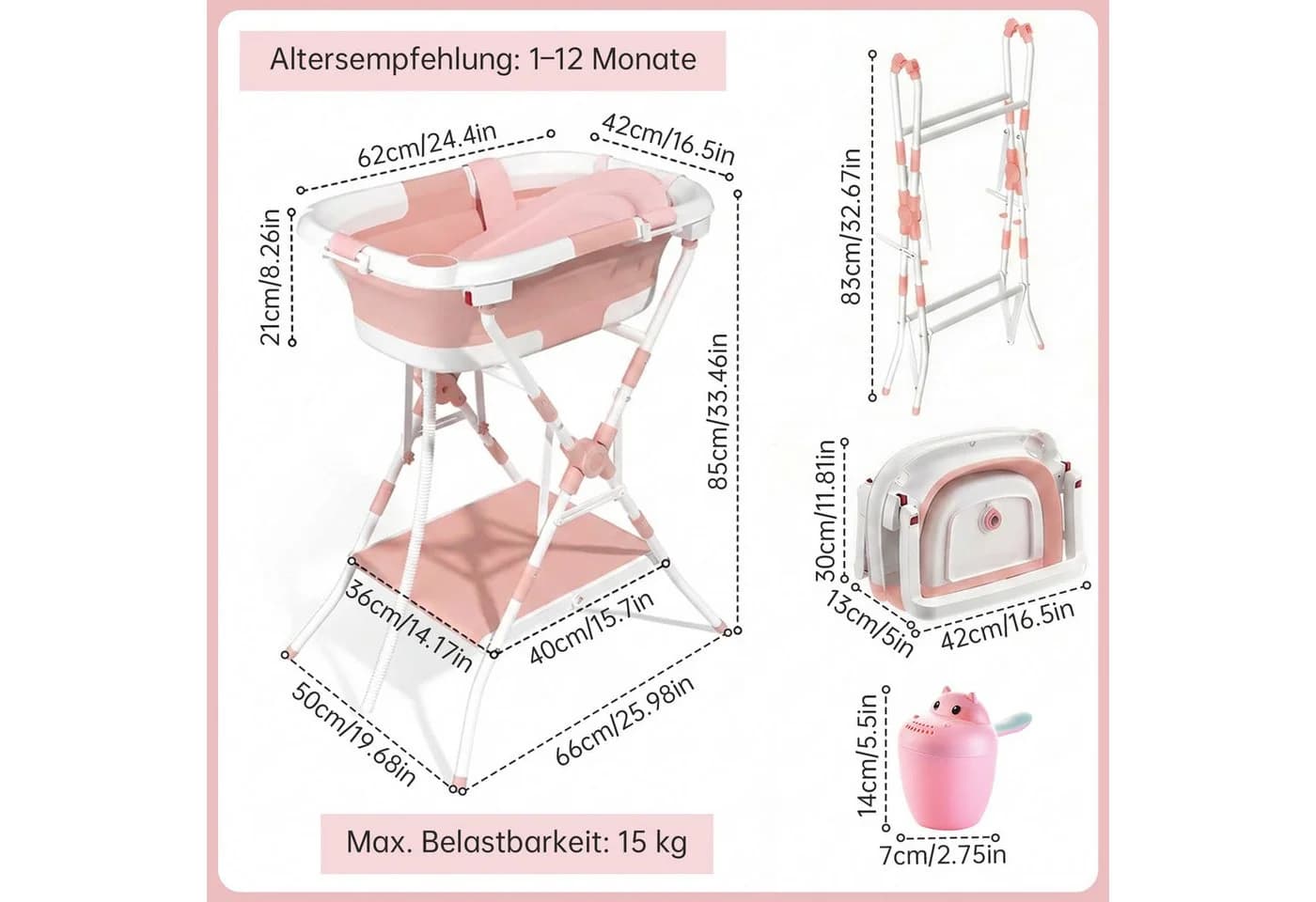 SEHAUSEU Babybadewanne mit Gestell Rosa Grau