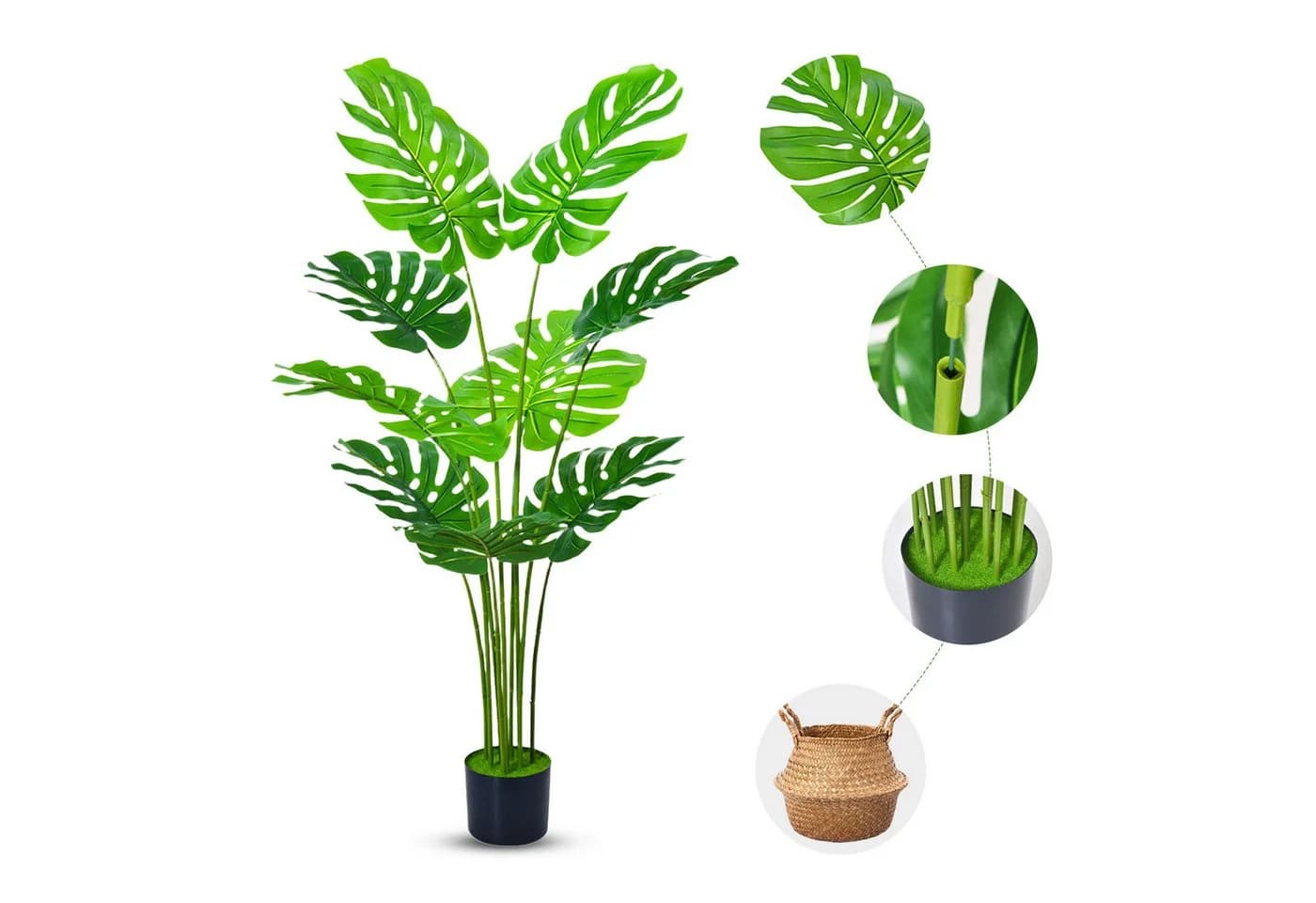 SEHAUSEU Monstera Kunstpflanze 120 cm Grün mit Bambuskorb - Bild 3