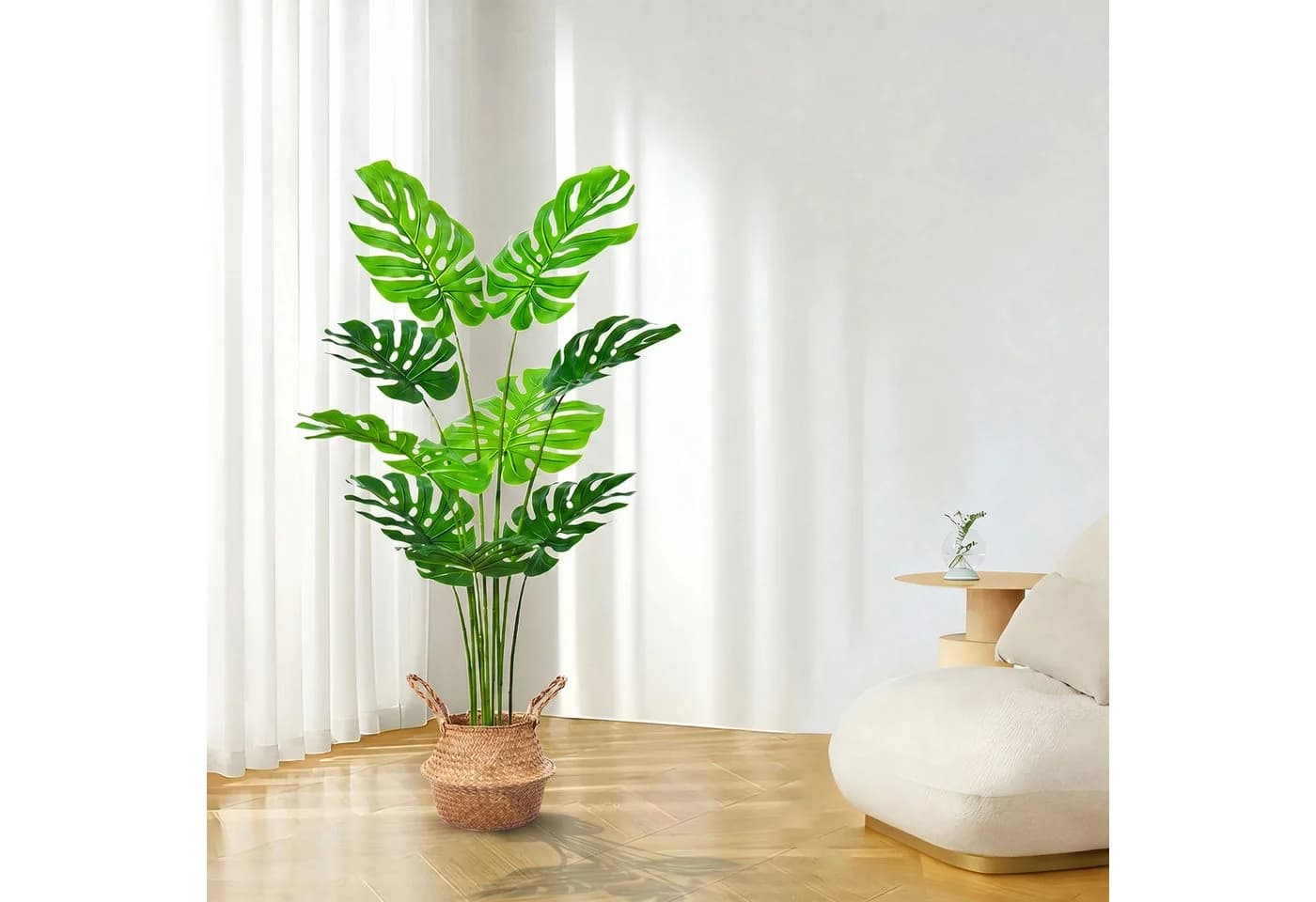 SEHAUSEU Monstera Kunstpflanze 120 cm Grün mit Bambuskorb - Bild 4