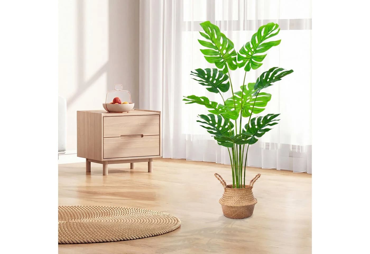 SEHAUSEU Monstera Kunstpflanze 120 cm Grün mit Bambuskorb - Bild 5