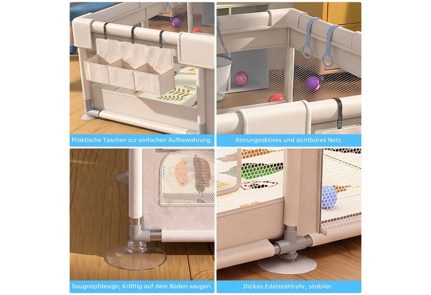 SEHAUSEU Laufgitter mit Spielmatte, Ozeanbällen & Tragetasche Beige - Bild 5