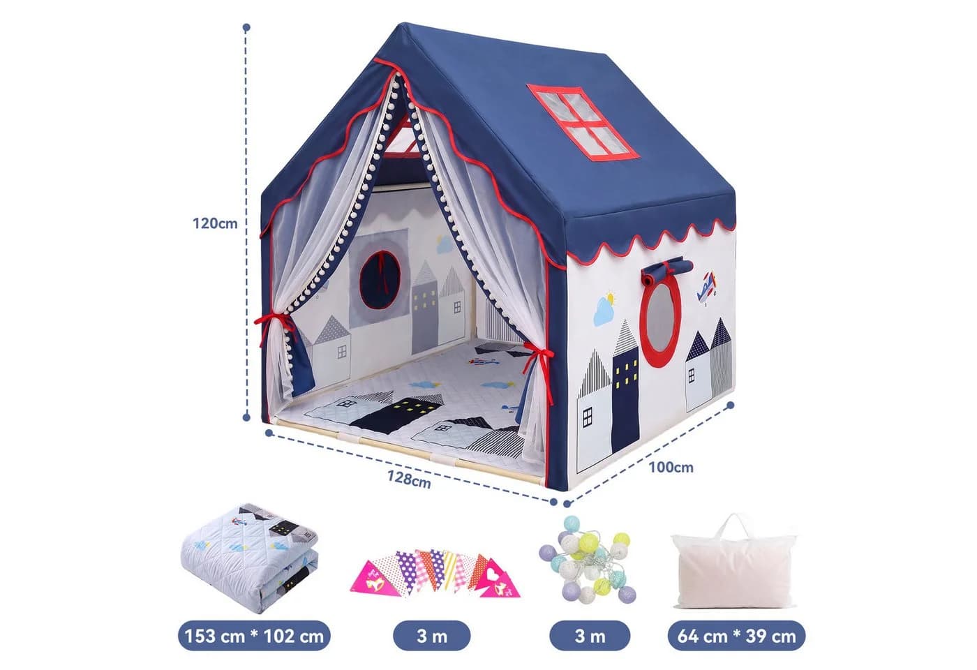 SEHAUSEU Spielzelt Kinderzelt mit Bodenmatte, Lichterkette und Wimpelkette