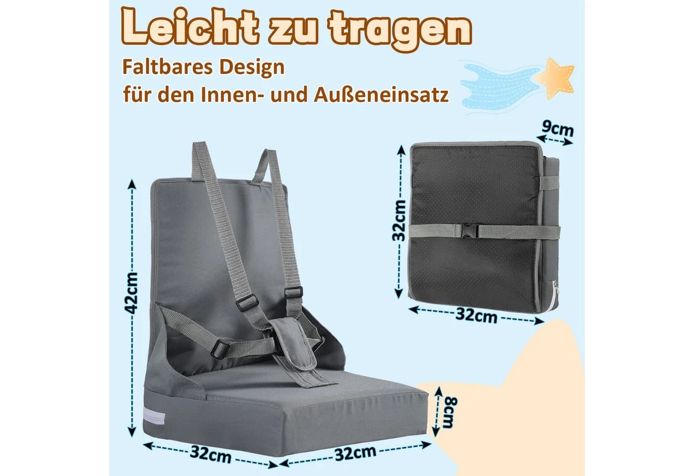 Clanmacy Sitzkissen Sitzerhöhung Stuhl Tragbar Hochstuhl Reisehochstuhl Sitzkissen Kinder Grau