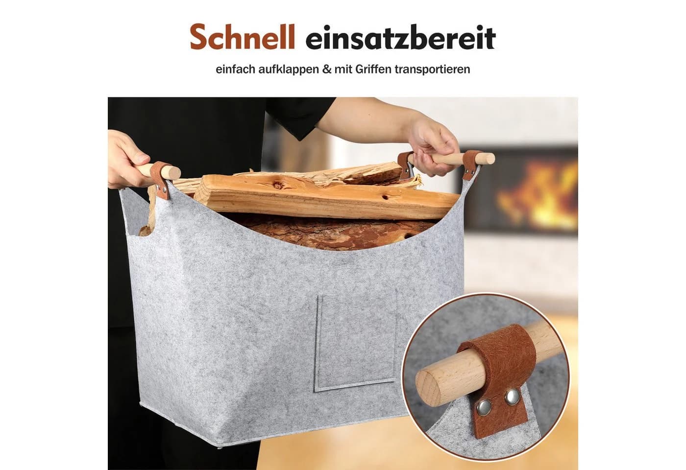 Clanmacy Filzkorb Aufbewahrungskorb mit Holzgriffen 5mm Hellgrau - Bild 3
